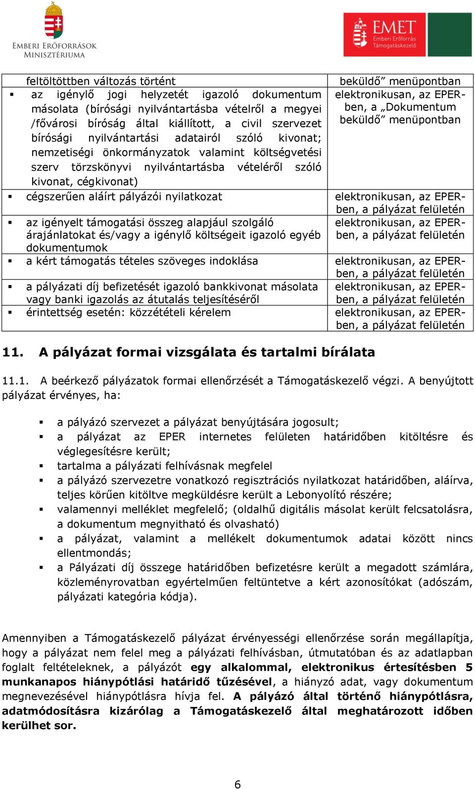 EPERben, a Dokumentum beküldő menüpontban cégszerűen aláírt pályázói nyilatkozat elektronikusan, az EPERben, az igényelt támogatási összeg alapjául szolgáló árajánlatokat és/vagy a igénylő költségeit