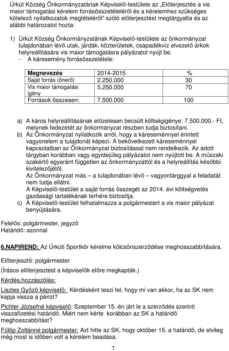 maior támogatásra pályázatot nyújt be. - A káresemény forrásösszetétele: Megnevezés 2014-2015 % Saját forrás (önerő) 2.250.000 30 Vis maior támogatási 5.250.000 70 igény Források összesen: 7.500.