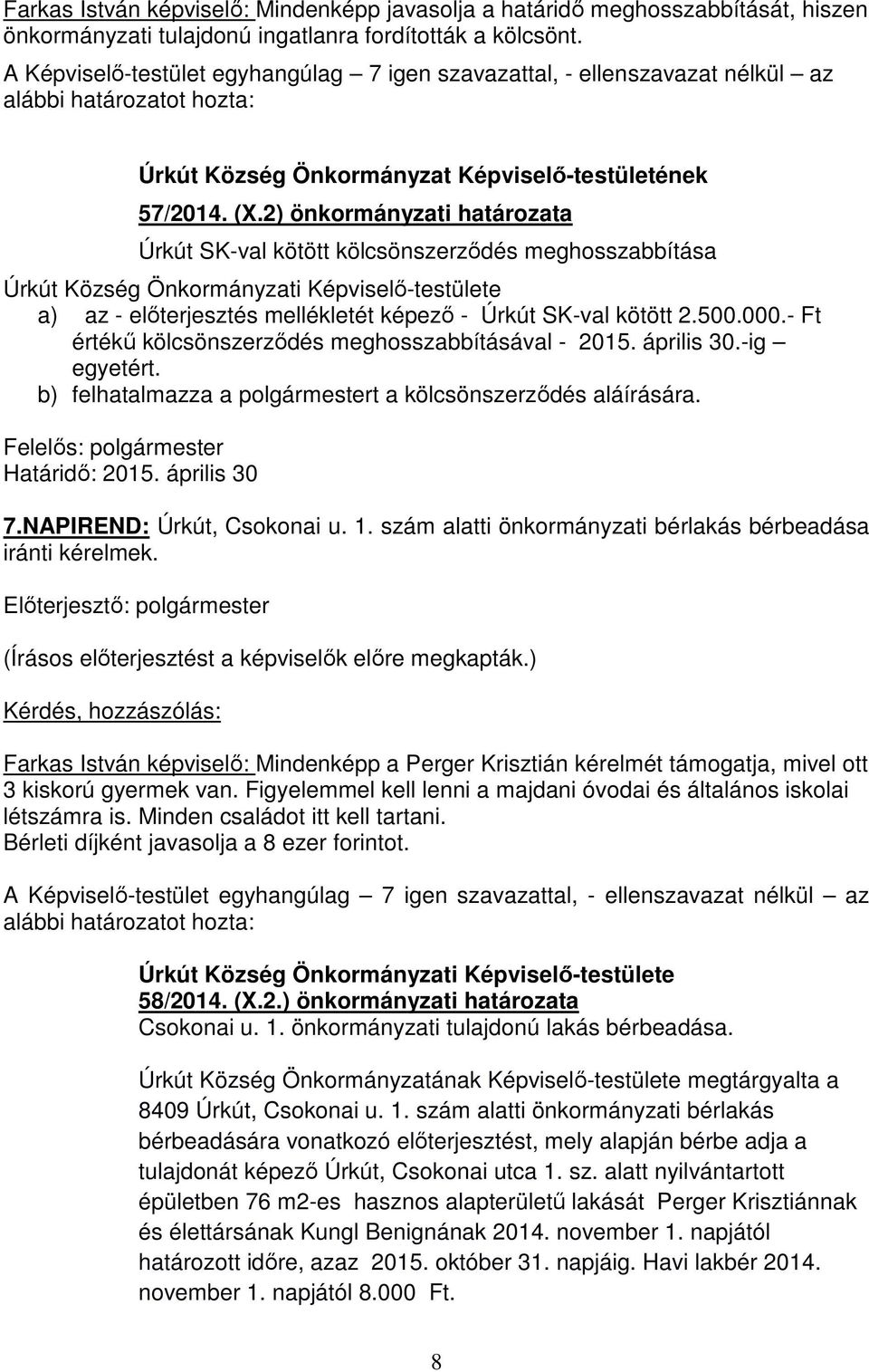 500.000.- Ft értékű kölcsönszerződés meghosszabbításával - 2015. április 30.-ig egyetért. b) felhatalmazza a polgármestert a kölcsönszerződés aláírására. Felelős: polgármester Határidő: 2015.