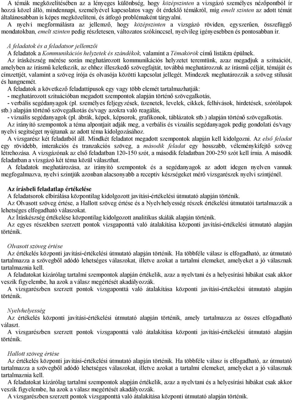 A nyelvi megformálásra az jellemző, hogy középszinten a vizsgázó röviden, egyszerűen, összefüggő mondatokban, emelt szinten pedig részletesen, változatos szókinccsel, nyelvileg igényesebben és