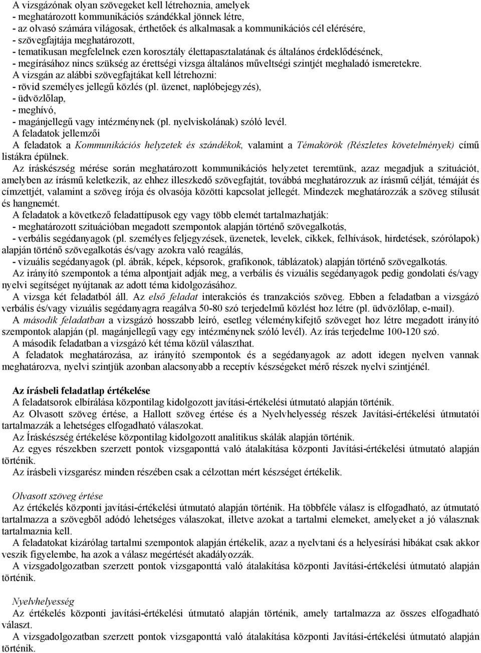 meghaladó ismeretekre. A vizsgán az alábbi szövegfajtákat kell létrehozni: - rövid személyes jellegű közlés (pl. üzenet, naplóbejegyzés), - üdvözlőlap, - meghívó, - magánjellegű vagy intézménynek (pl.