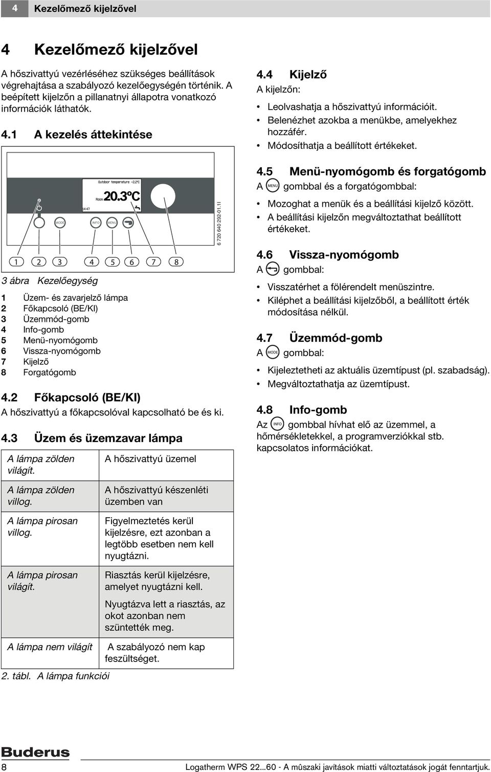 1 A kezelés áttekintése 3 ábra Kezelőegység 1 Üzem- és zavarjelző lámpa 2 Főkapcsoló (BE/KI) 3 Üzemmód-gomb 4 Info-gomb 5 Menü-nyomógomb 6 Vissza-nyomógomb 7 Kijelző 8 Forgatógomb 4.