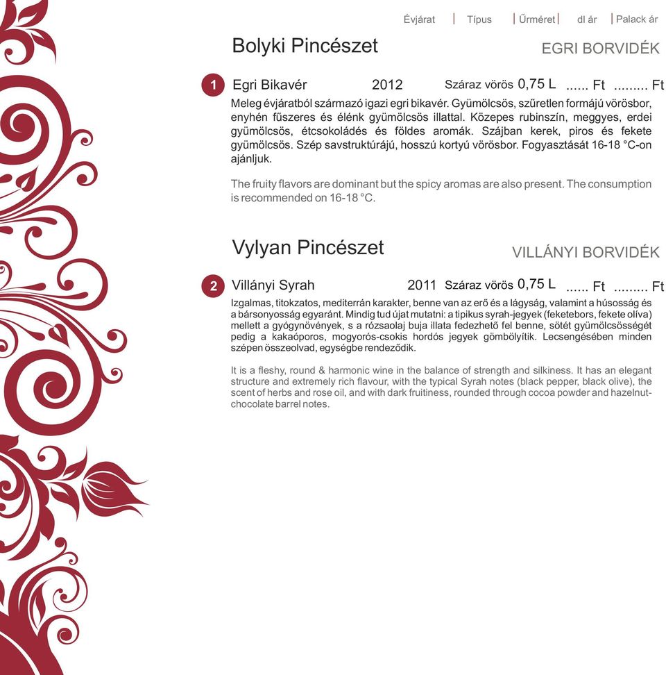 Szájban kerek, piros és fekete gyümölcsös. Szép savstruktúrájú, hosszú kortyú vörösbor. Fogyasztását 16-18 C-on ajánljuk. The fruity flavors are dominant but the spicy aromas are also present.