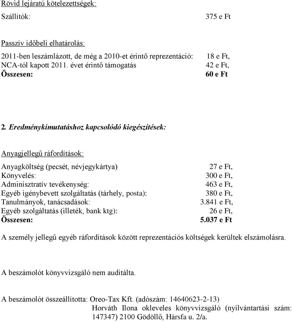 Eredménykimutatáshoz kapcsolódó kiegészítések: Anyagjellegű ráfordítások: Anyagköltség (pecsét, névjegykártya) Könyvelés: Adminisztratív tevékenység: Egyéb igénybevett szolgáltatás (tárhely, posta):
