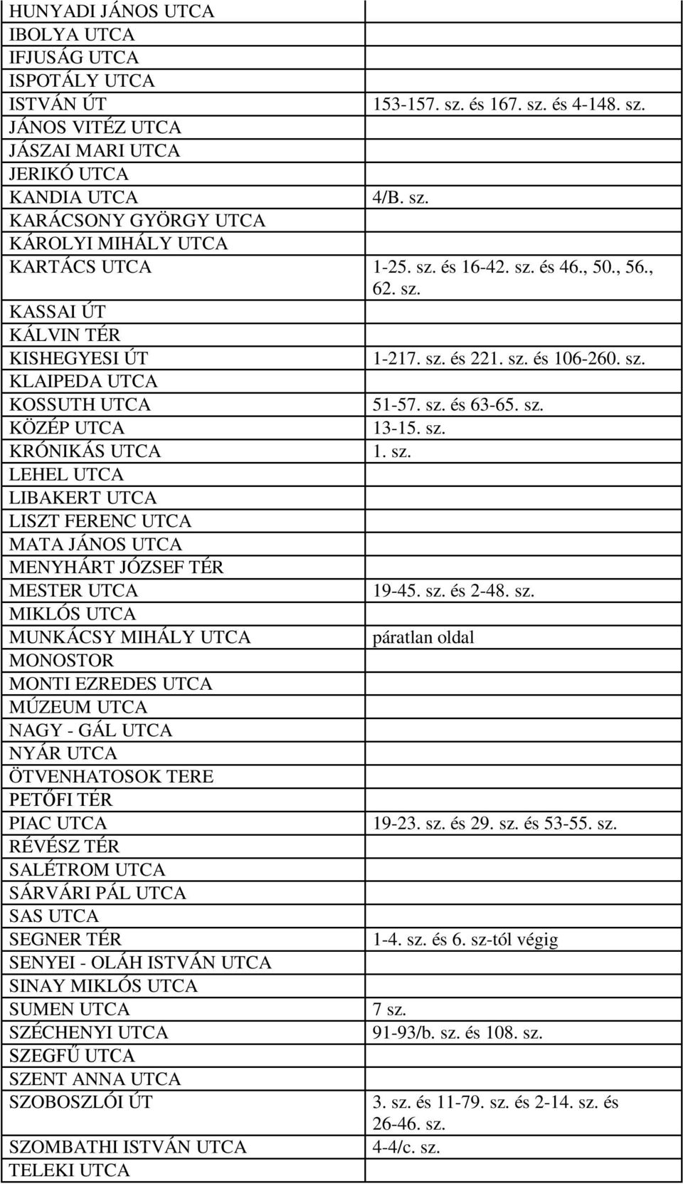 sz. LEHEL UTCA LIBAKERT UTCA LISZT FERENC UTCA MATA JÁNOS UTCA MENYHÁRT JÓZSEF TÉR MESTER UTCA 19-45. sz.