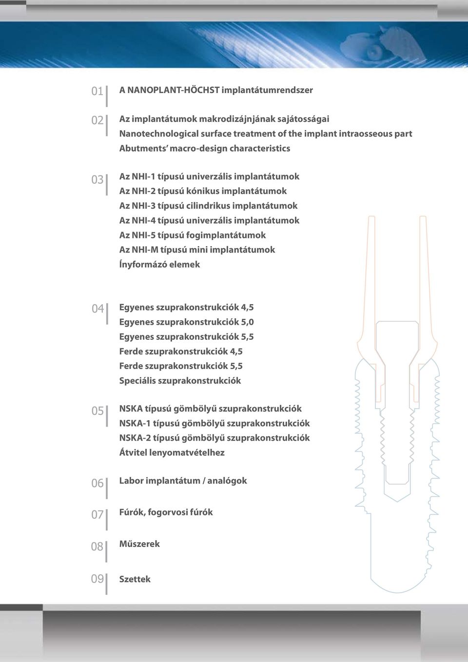 NHI-M típusú mini implantátumok Ínyformázó elemek Egyenes szuprakonstrukciók 4,5 Egyenes szuprakonstrukciók 5,0 Egyenes szuprakonstrukciók 5,5 Ferde szuprakonstrukciók 4,5 Ferde szuprakonstrukciók