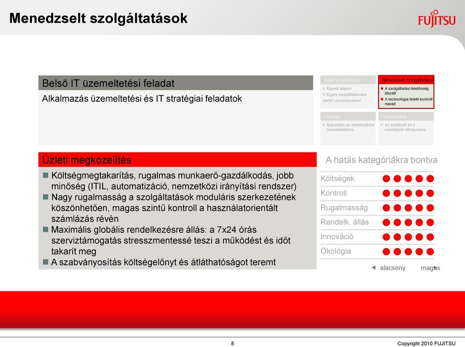 megközelítés A hatás kategóriákra bontva Költségmegtakarítás, rugalmas munkaerő-gazdálkodás, jobb minőség (ITIL, automatizáció, nemzetközi irányítási rendszer) Nagy rugalmasság a szolgáltatások