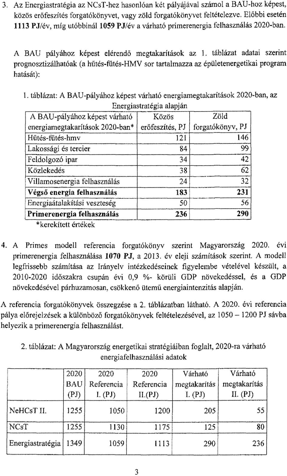 A BAU pályához képest elérendő megtakarítások az L táblázat adatai szerint prognosztizálhatóak (a hűtés-fütés-hmv sor tartalmazza az épületenergetikai program hatását): 1.