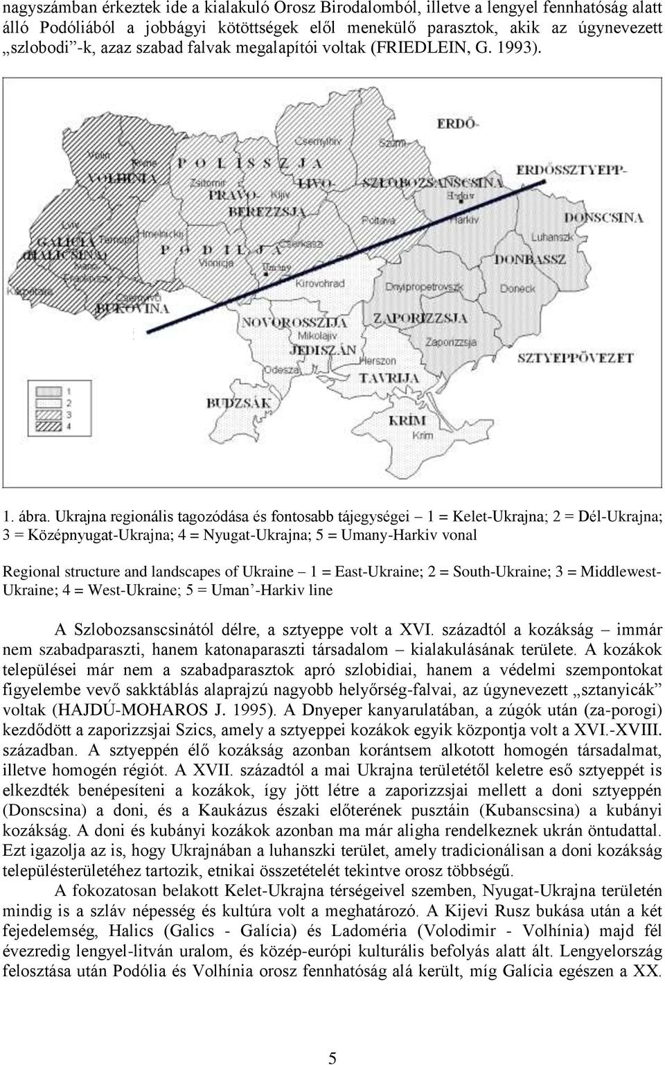 Ukrajna regionális tagozódása és fontosabb tájegységei 1 = Kelet-Ukrajna; 2 = Dél-Ukrajna; 3 = Középnyugat-Ukrajna; 4 = Nyugat-Ukrajna; 5 = Umany-Harkiv vonal Regional structure and landscapes of