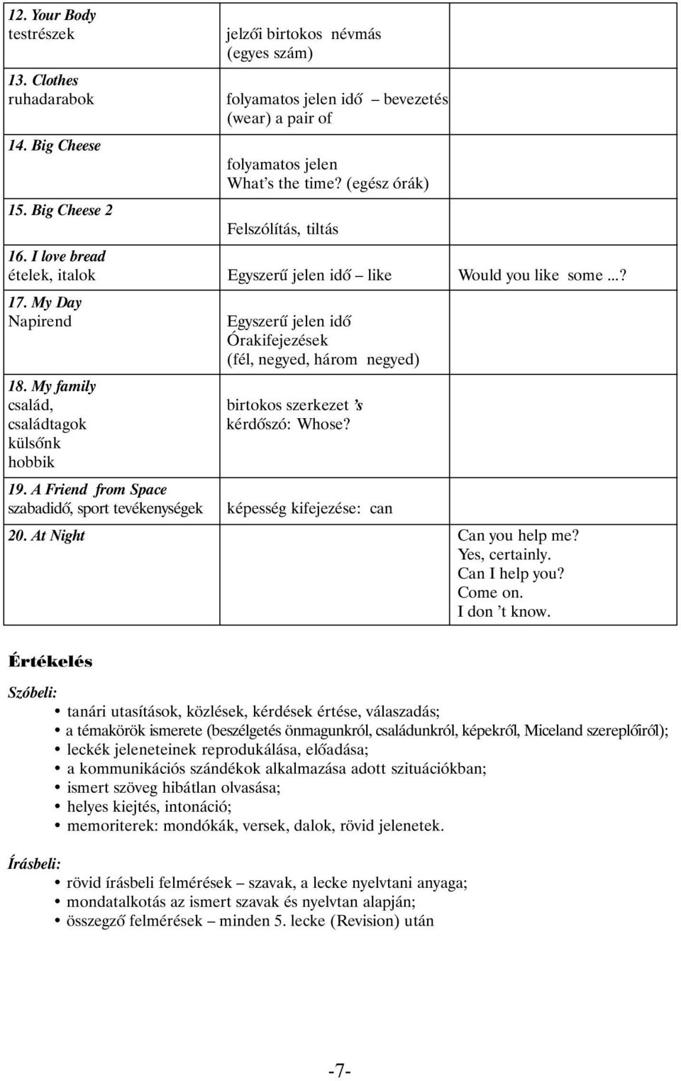 My family család, birtokos szerkezet s családtagok kérdõszó: Whose? külsõnk hobbik 19. A Friend from Space szabadidõ, sport tevékenységek képesség kifejezése: can 20. At Night Can you help me?