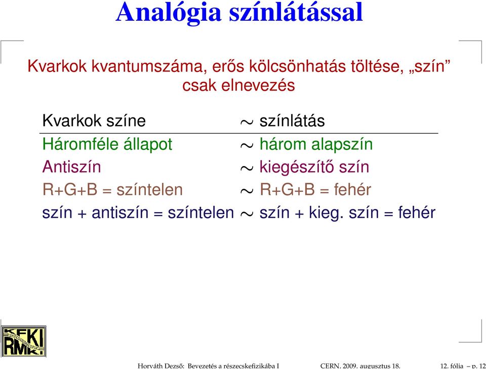 elnevezés Kvarkok színe színlátás Háromféle állapot három alapszín Antiszín kiegészítő