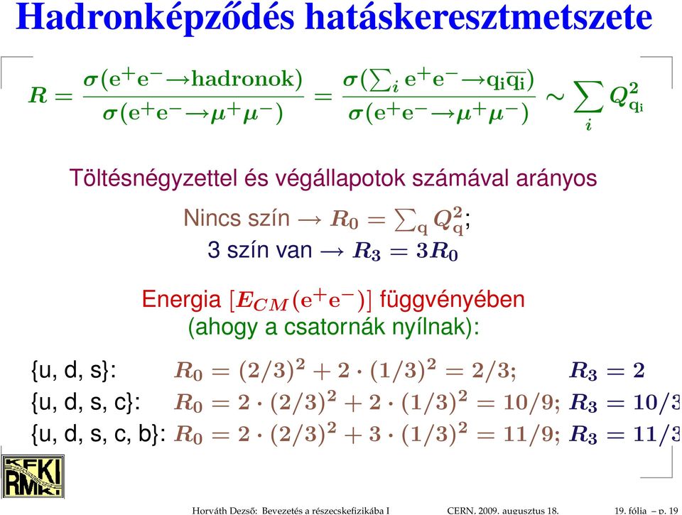 Töltésnégyzettel és végállapotok számával arányos Nincs szín R 0 = q Q2 q ; 3 szín van R 3 = 3R 0 Energia [E CM (e + e )] függvényében