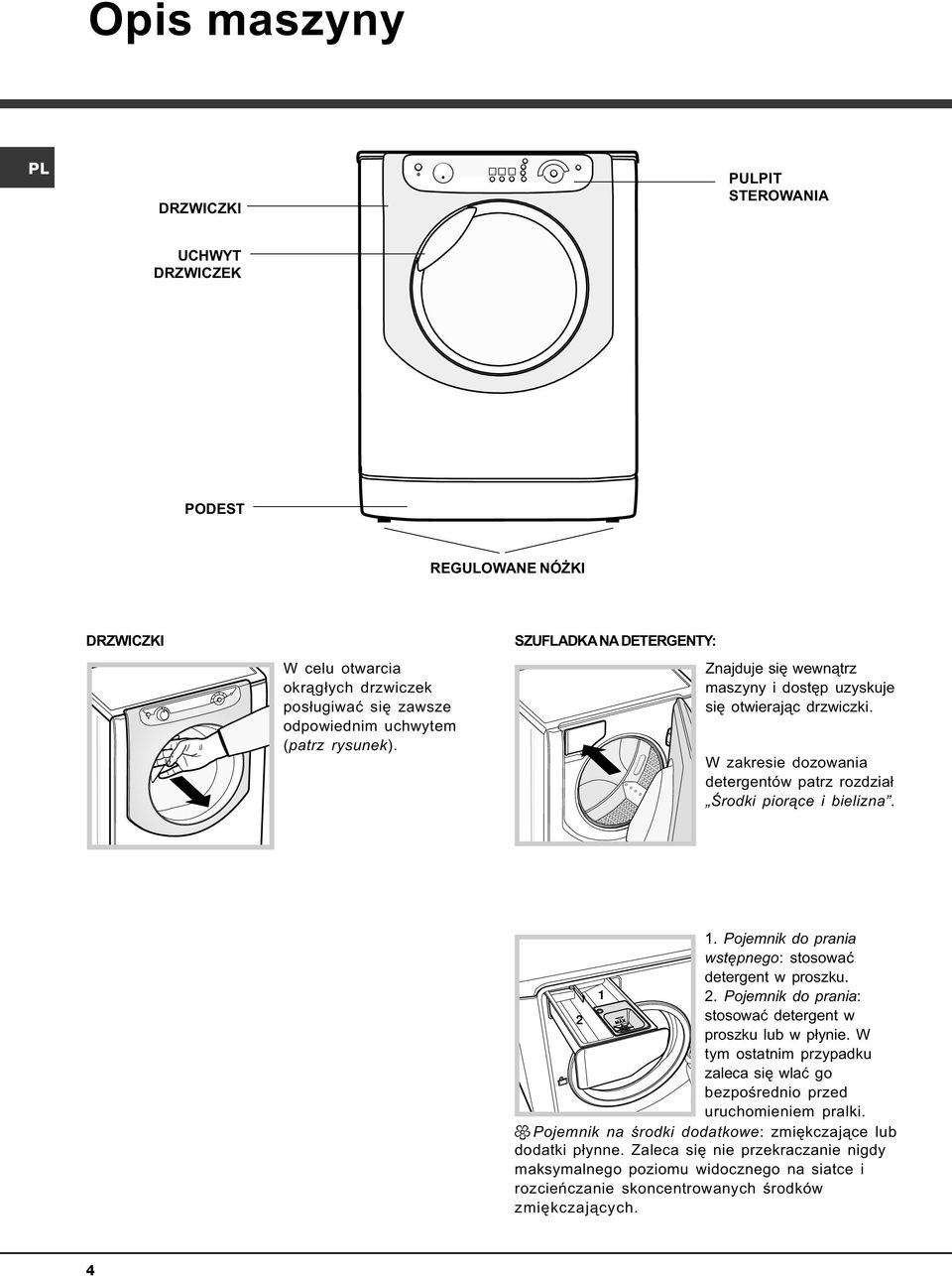 Pojemnik do prania wstêpnego: stosowaæ detergent w proszku. 1 2. Pojemnik do prania: 2 stosowaæ detergent w proszku lub w p³ynie.