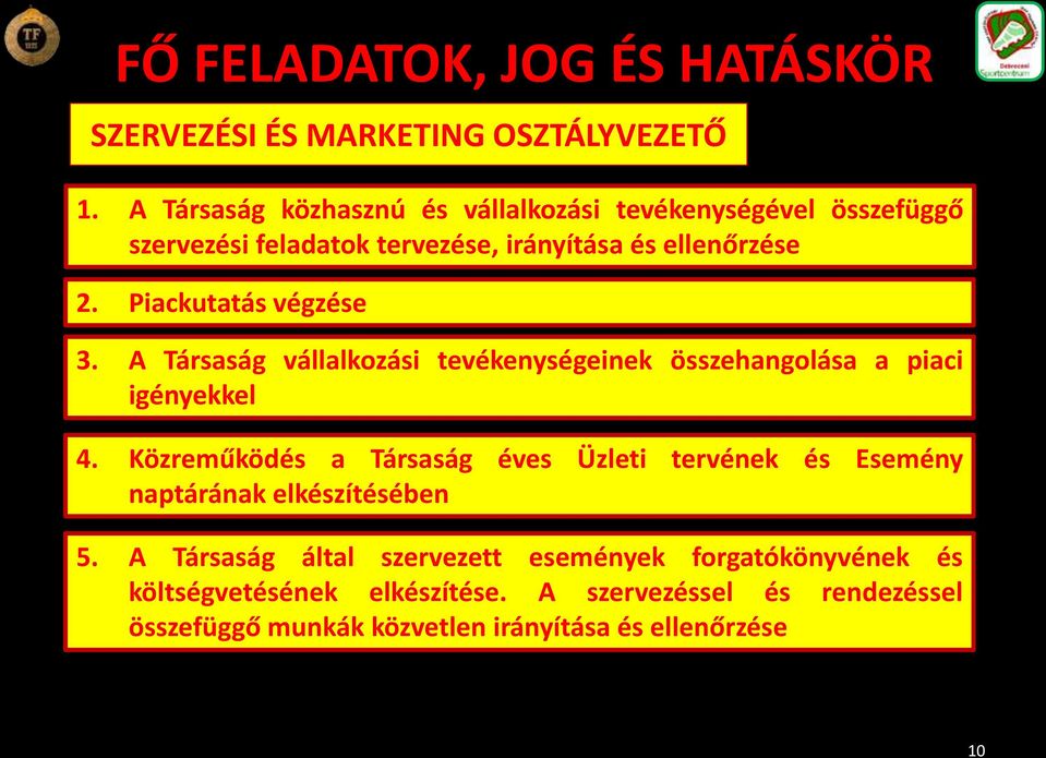 Piackutatás végzése 3. A Társaság vállalkozási tevékenységeinek összehangolása a piaci igényekkel 4.
