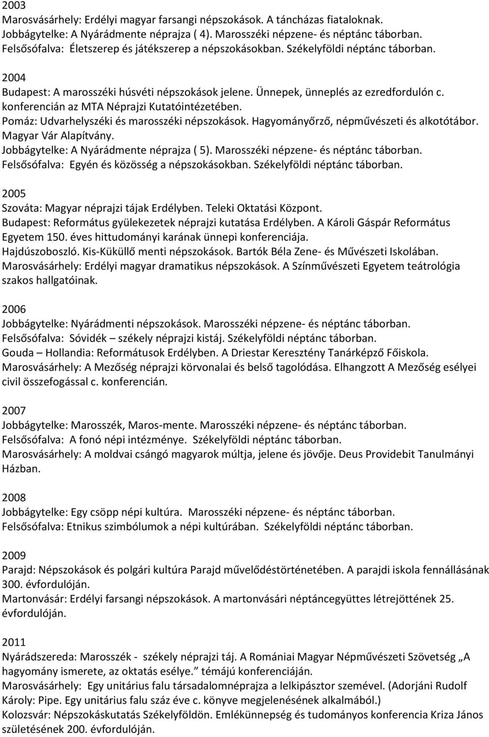 konferencián az MTA Néprajzi Kutatóintézetében. Pomáz: Udvarhelyszéki és marosszéki népszokások. Hagyományőrző, népművészeti és alkotótábor. Magyar Vár Alapítvány.