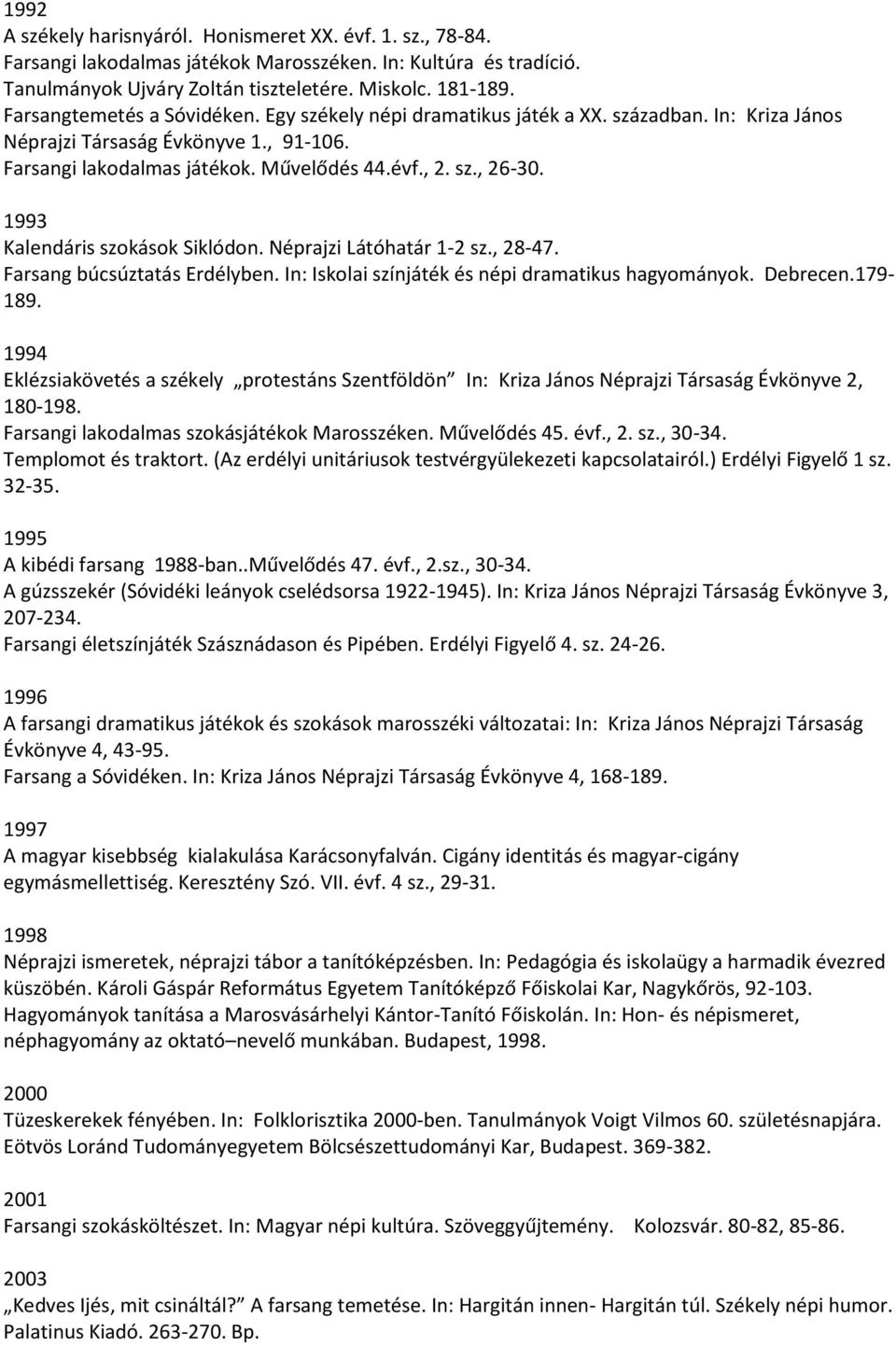 1993 Kalendáris szokások Siklódon. Néprajzi Látóhatár 1-2 sz., 28-47. Farsang búcsúztatás Erdélyben. In: Iskolai színjáték és népi dramatikus hagyományok. Debrecen.179-189.