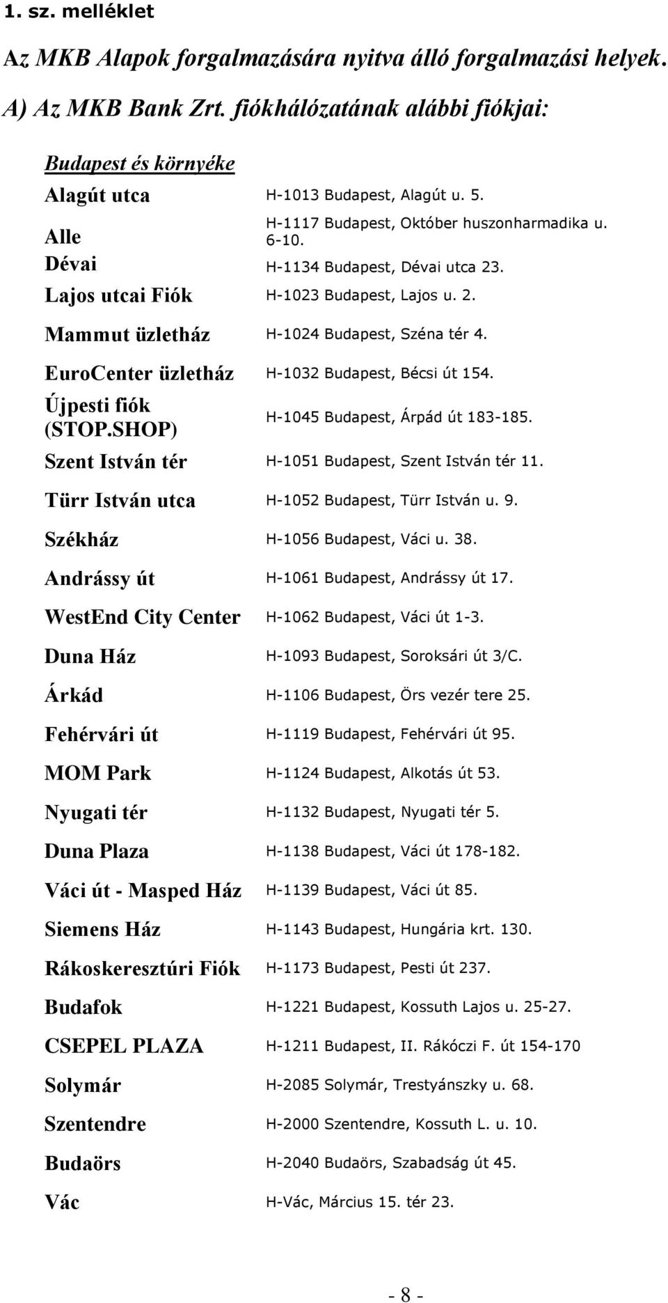 EuroCenter üzletház H-1032 Budapest, Bécsi út 154. Újpesti fiók (STOP.SHOP) H-1045 Budapest, Árpád út 183-185. Szent István tér H-1051 Budapest, Szent István tér 11.