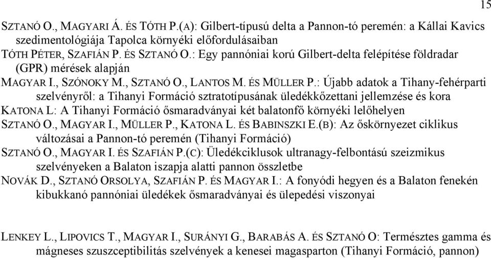 : Újabb adatok a Tihany-fehérparti szelvényről: a Tihanyi Formáció sztratotípusának üledékkőzettani jellemzése és kora KATONA L: A Tihanyi Formáció ősmaradványai két balatonfő környéki lelőhelyen