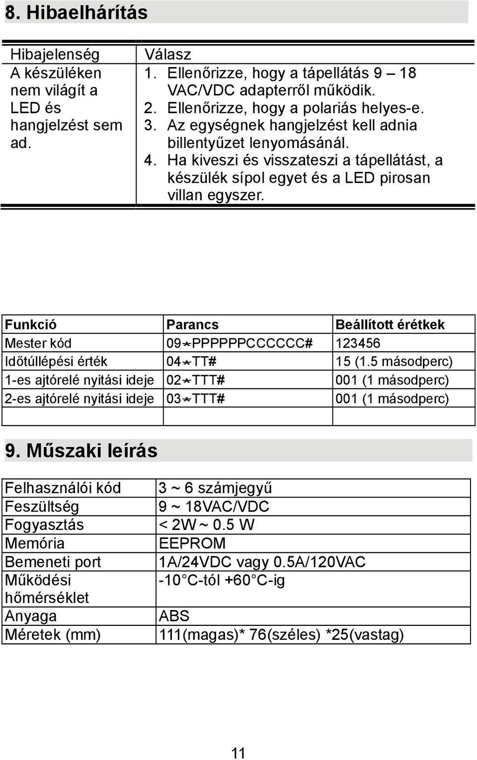 Funkció Parancs Beállított érétkek Mester kód 09 * PPPPPPCCCCCC# 123456 Időtúllépési érték 04 * TT# 15 (1.