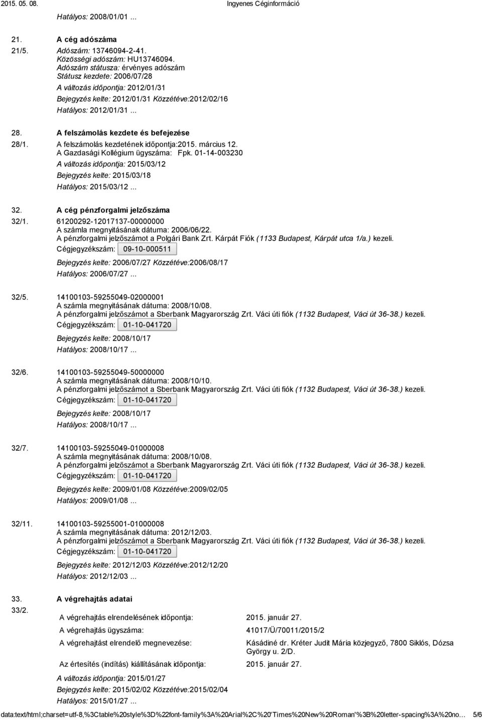 A felszámolás kezdetének időpontja:2015. március 12. A Gazdasági Kollégium ügyszáma: Fpk. 01 14 003230 32. A cég pénzforgalmi jelzőszáma 32/1.