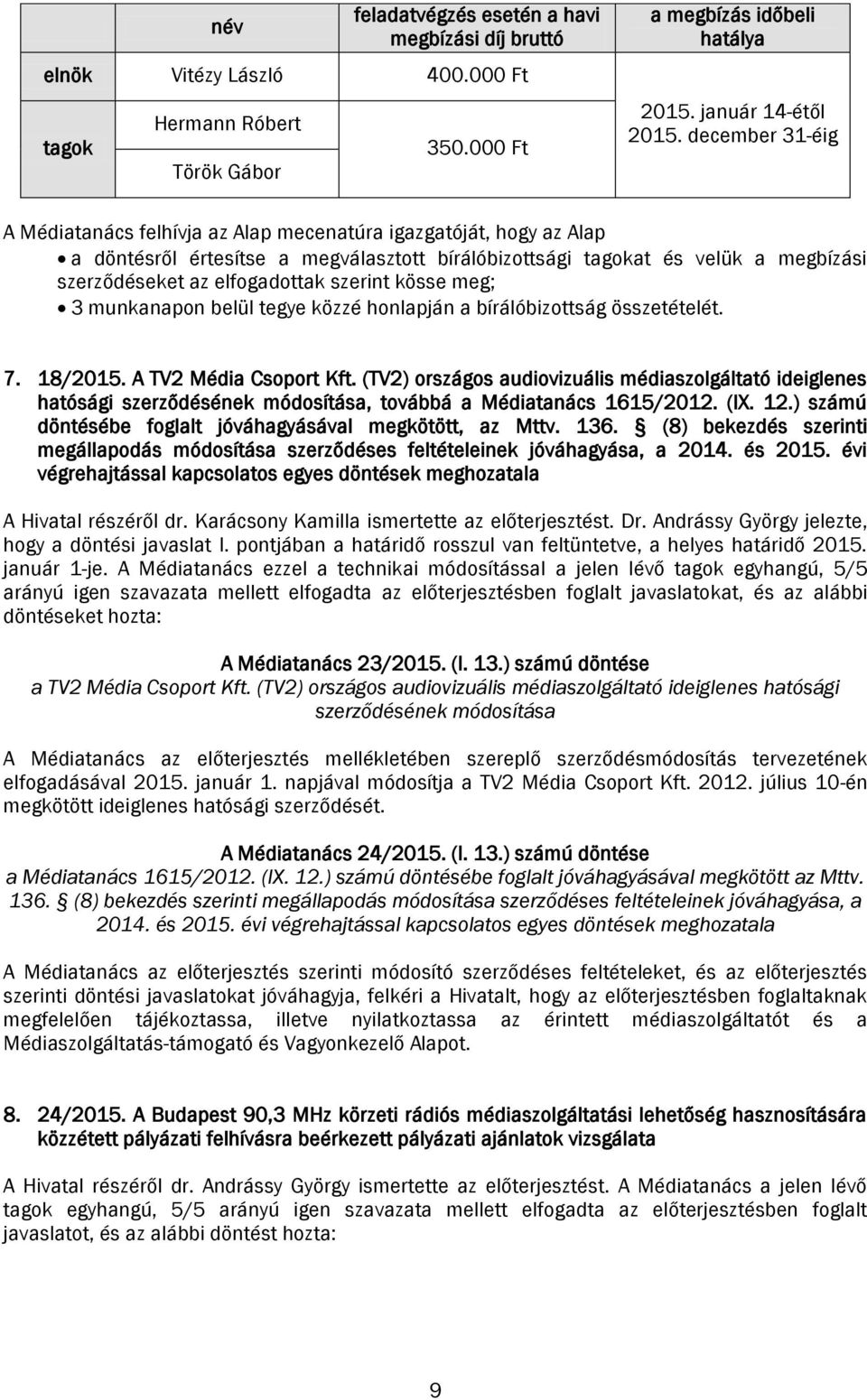 szerint kösse meg; 3 munkanapon belül tegye közzé honlapján a bírálóbizottság összetételét. 7. 18/2015. A TV2 Média Csoport Kft.