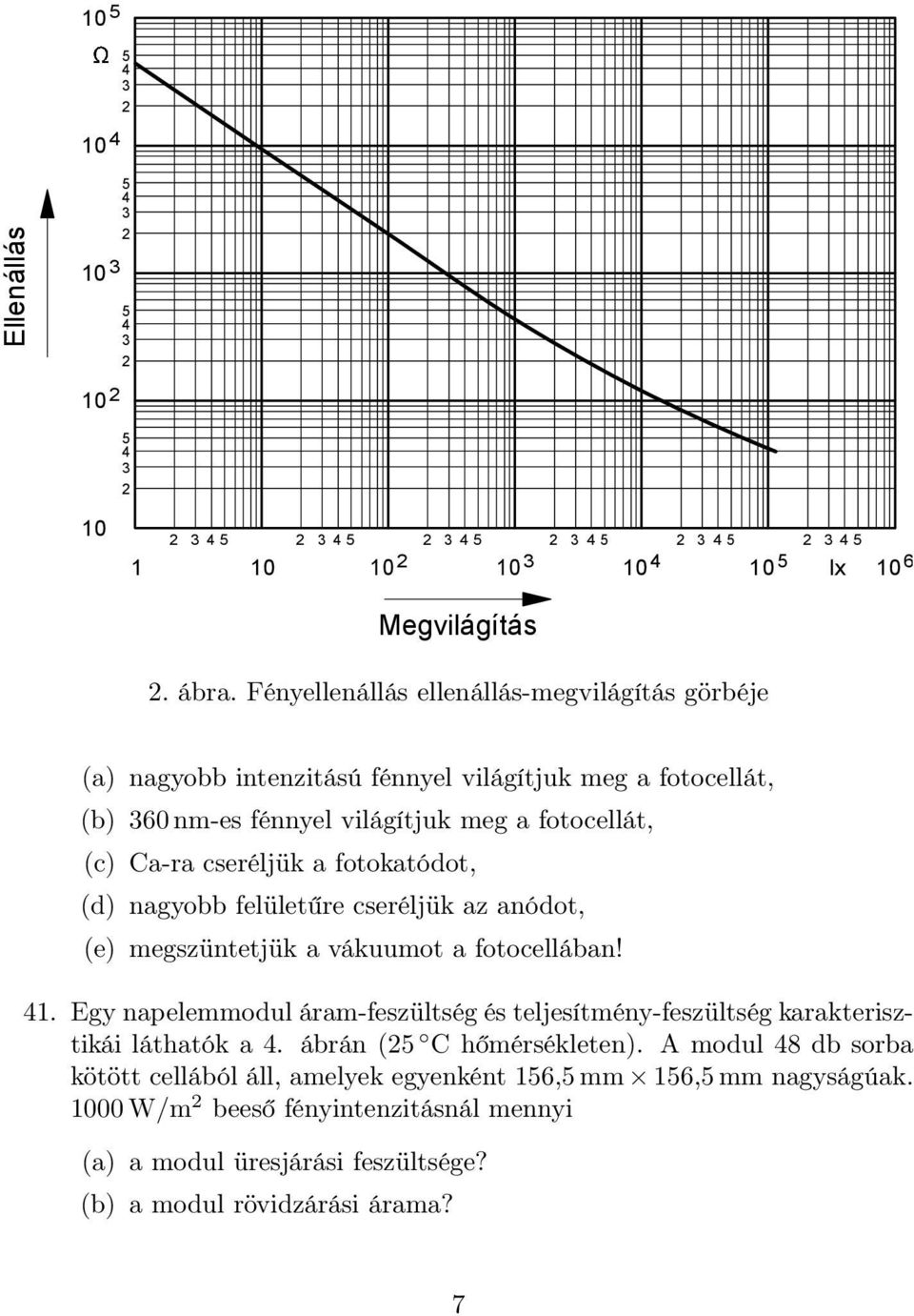fotokatódot, (d) nagyobb felületűre cseréljük az anódot, (e) megszüntetjük a vákuumot a fotocellában! 41.