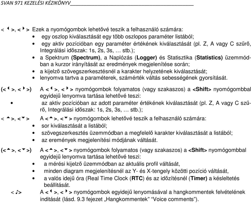 ); a Spektrum (Spectrum), a Naplózás (Logger) és Statisztika (Statistics) üzemmódban a kurzor irányítását az eredmények megjelenítése során; a kijelző szövegszerkesztésnél a karakter helyzetének