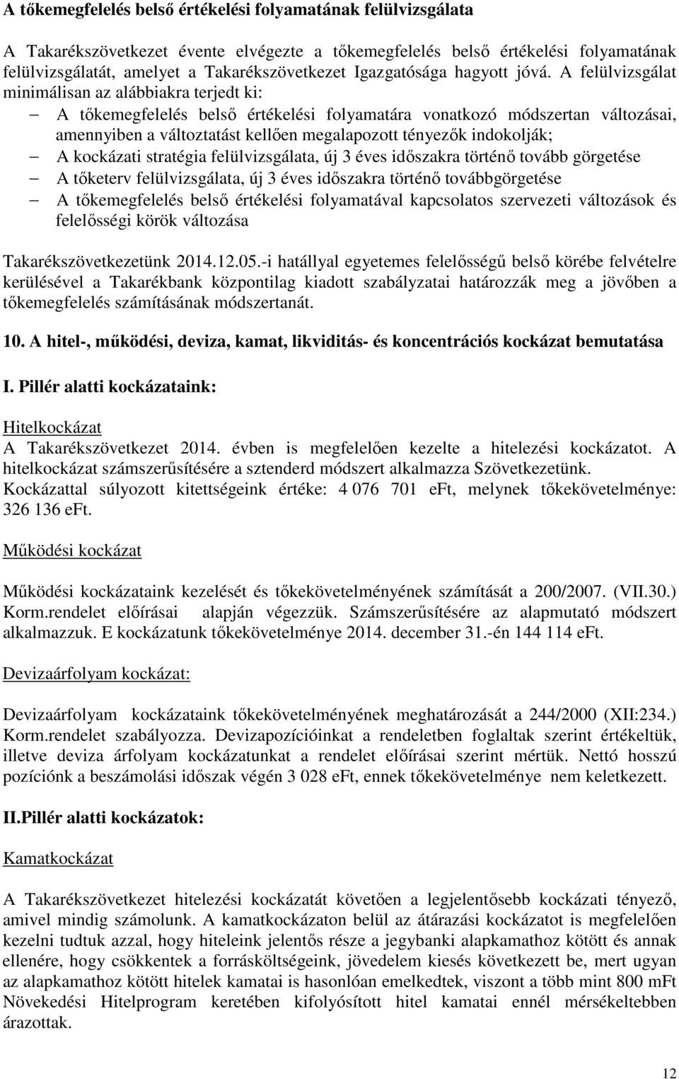 A felülvizsgálat minimálisan az alábbiakra terjedt ki: A tőkemegfelelés belső értékelési folyamatára vonatkozó módszertan változásai, amennyiben a változtatást kellően megalapozott tényezők