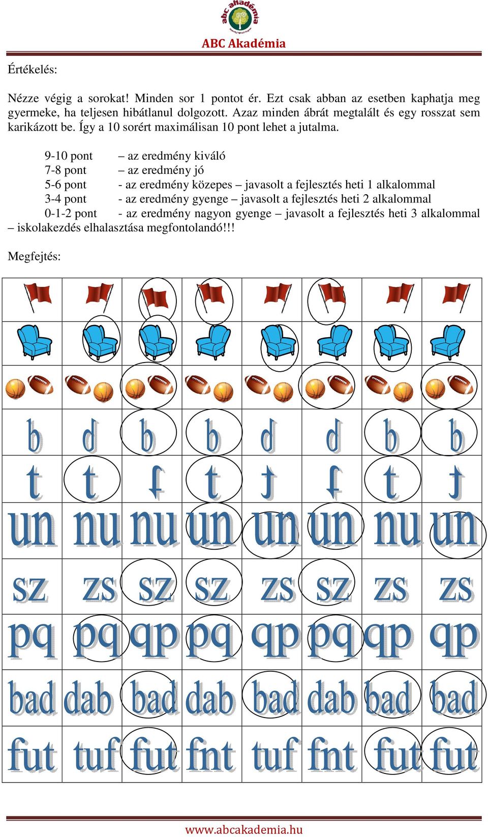 9-10 pont az eredmény kiváló 7-8 pont az eredmény jó 5-6 pont - az eredmény közepes javasolt a fejlesztés heti 1 alkalommal 3-4