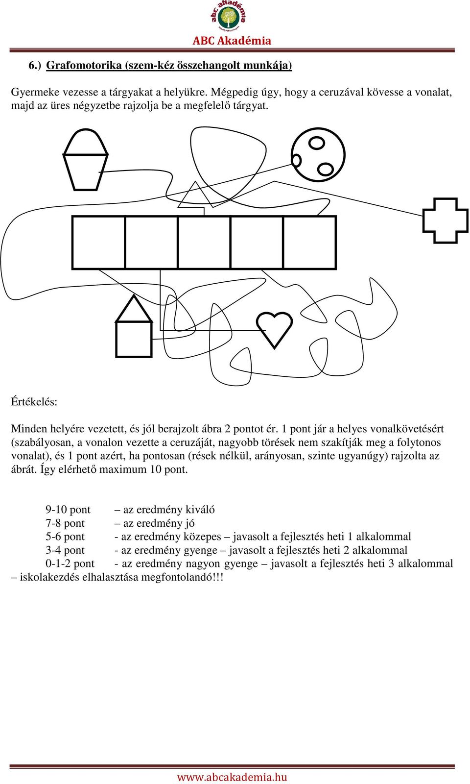 1 pont jár a helyes vonalkövetésért (szabályosan, a vonalon vezette a ceruzáját, nagyobb törések nem szakítják meg a folytonos vonalat), és 1 pont azért, ha pontosan (rések nélkül, arányosan,