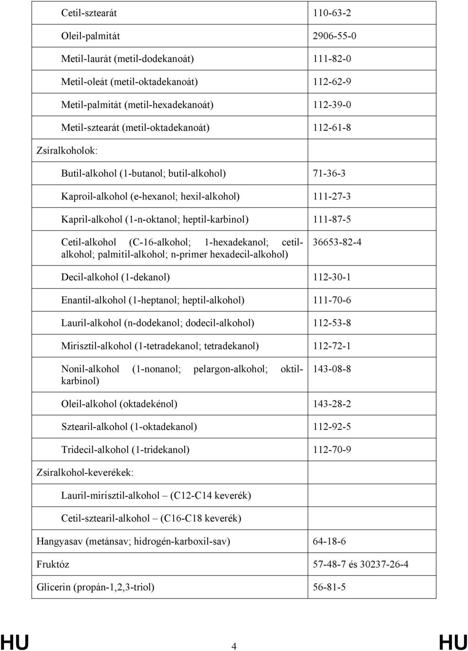 111-87-5 Cetil-alkohol (C-16-alkohol; 1-hexadekanol; cetilalkohol; palmitil-alkohol; n-primer hexadecil-alkohol) 36653-82-4 Decil-alkohol (1-dekanol) 112-30-1 Enantil-alkohol (1-heptanol;