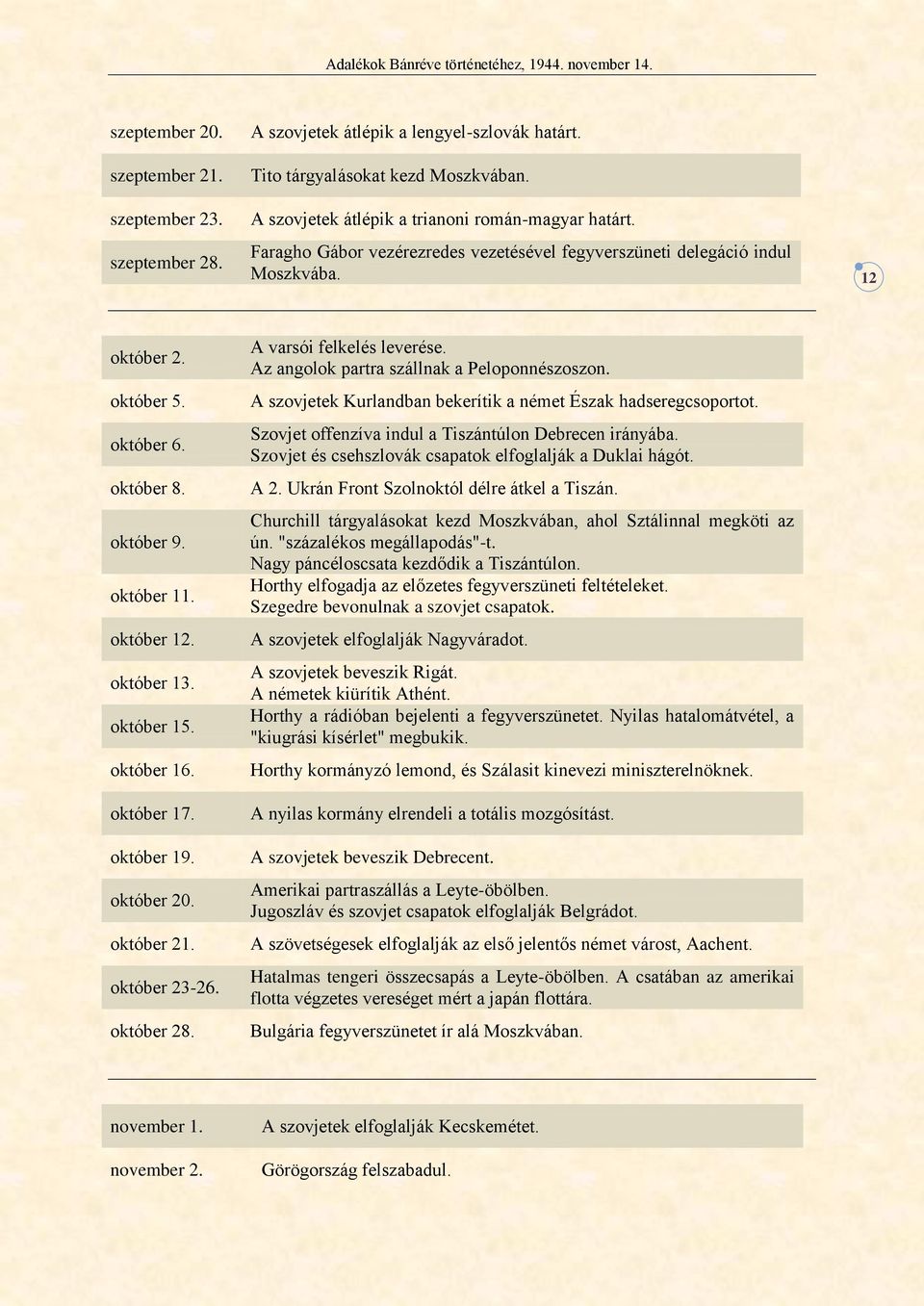 október 17. október 19. október 20. október 21. október 23-26. október 28. A varsói felkelés leverése. Az angolok partra szállnak a Peloponnészoszon.