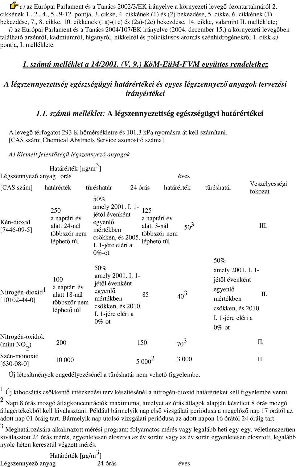 ) a környezeti levegıben található arzénrıl, kadmiumról, higanyról, nikkelrıl és policiklusos aromás szénhidrogénekrıl 1. cikk a) pontja, I. melléklete. 1. számú melléklet a 14/2001. (V. 9.