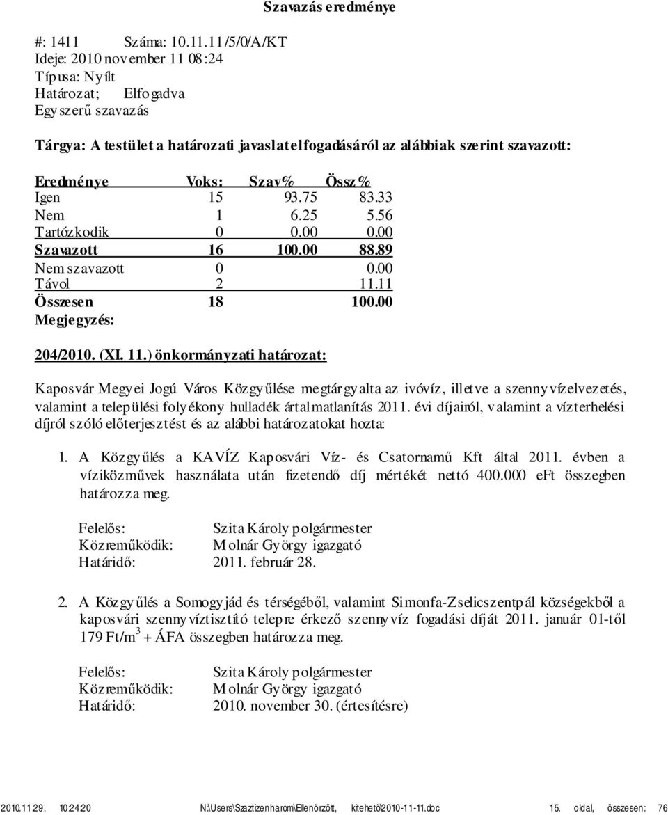 ) önkormányzati határozat: Kaposvár Megyei Jogú Város Közgyűlése megtárgyalta az ivóvíz, illetve a szennyvízelvezetés, valamint a települési folyékony hulladék ártalmatlanítás 2011.