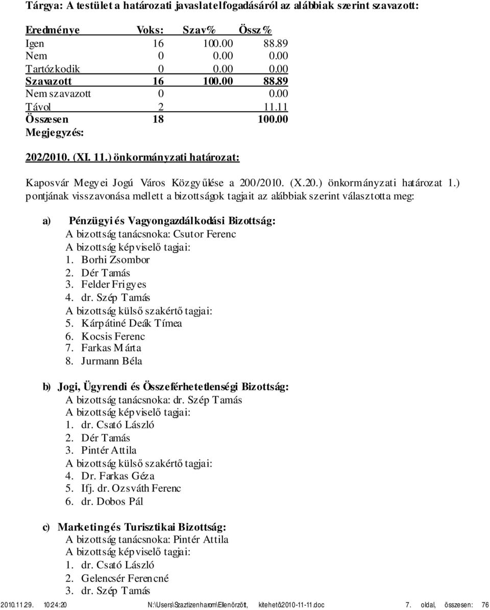 ) pontjának visszavonása mellett a bizottságok tagjait az alábbiak szerint választotta meg: a) Pénzügyi és Vagyongazdálkodási Bizottság: A bizottság tanácsnoka: Csutor Ferenc A bizottság képviselő