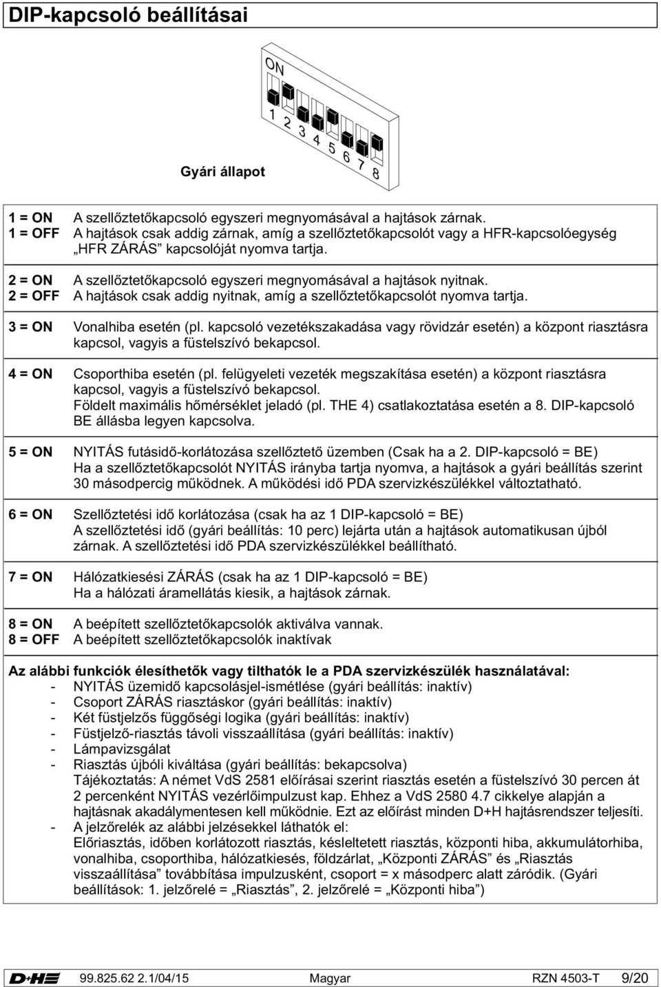 2 = OFF A hajtások csak addig nyitnak, amíg a szellőztetőkapcsolót nyomva tartja. 3 = ON hiba esetén (pl.