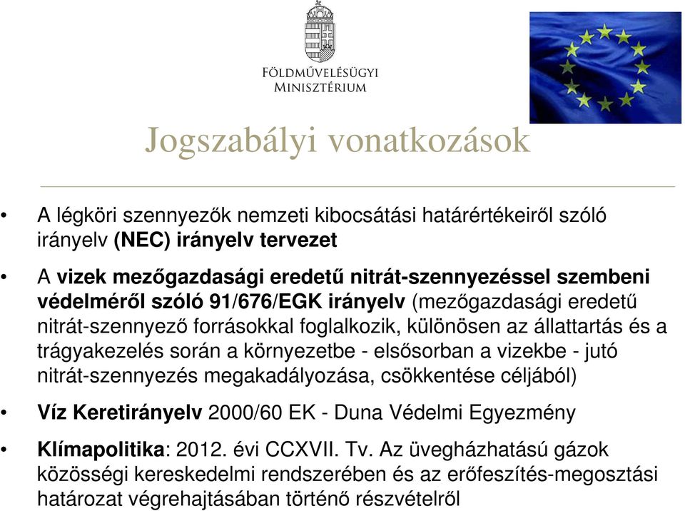 trágyakezelés során a környezetbe - elsősorban a vizekbe - jutó nitrát-szennyezés megakadályozása, csökkentése céljából) Víz Keretirányelv 2000/60 EK - Duna Védelmi