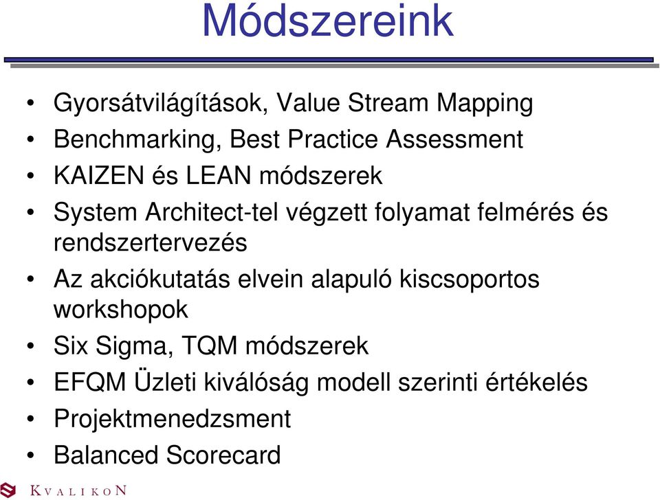 rendszertervezés Az akciókutatás elvein alapuló kiscsoportos workshopok Six Sigma, TQM