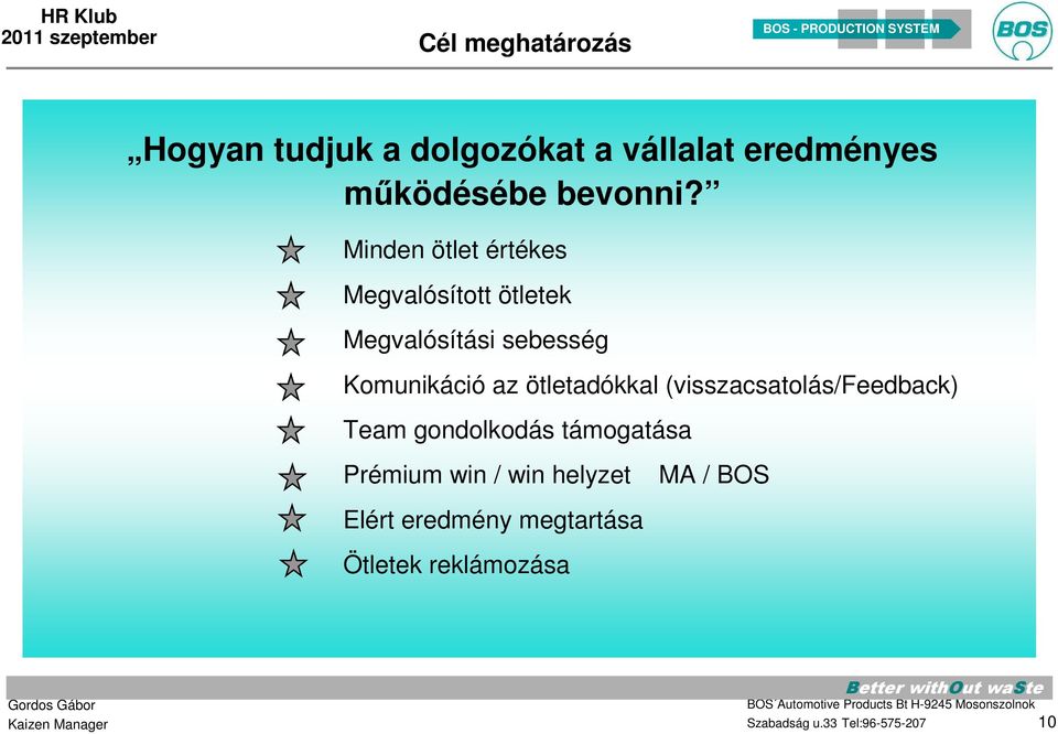 Minden ötlet értékes Megvalósított ötletek Megvalósítási sebesség Komunikáció az