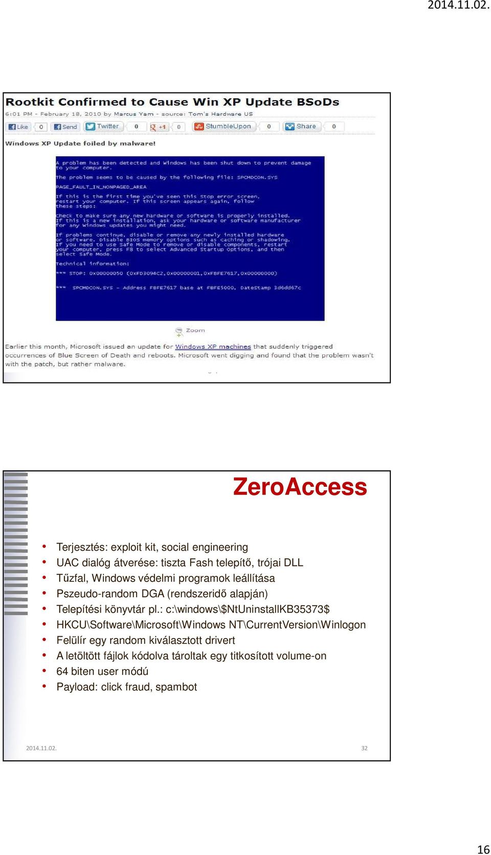 ELTE IT Biztonság Speci 31 ZeroAccess Terjesztés: exploit kit, social engineering UAC dialóg átverése: tiszta Fash telepítő, trójai DLL Tűzfal, Windows védelmi programok leállítása
