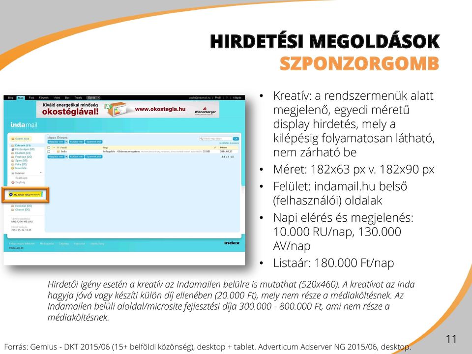 000 Ft/nap Hirdetői igény esetén a kreatív az Indamailen belülre is mutathat (520x460). A kreatívot az Inda hagyja jóvá vagy készíti külön díj ellenében (20.