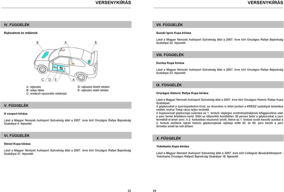 FÜGGELÉK H csoport kiírása A: rajtszám D: rajtszám feletti reklám B: rallye tábla E: rajtszám alatti reklám C: rendező opcionális reklámjai Lásd a Magyar Nemzeti Autósport Szövetség által a 2007.