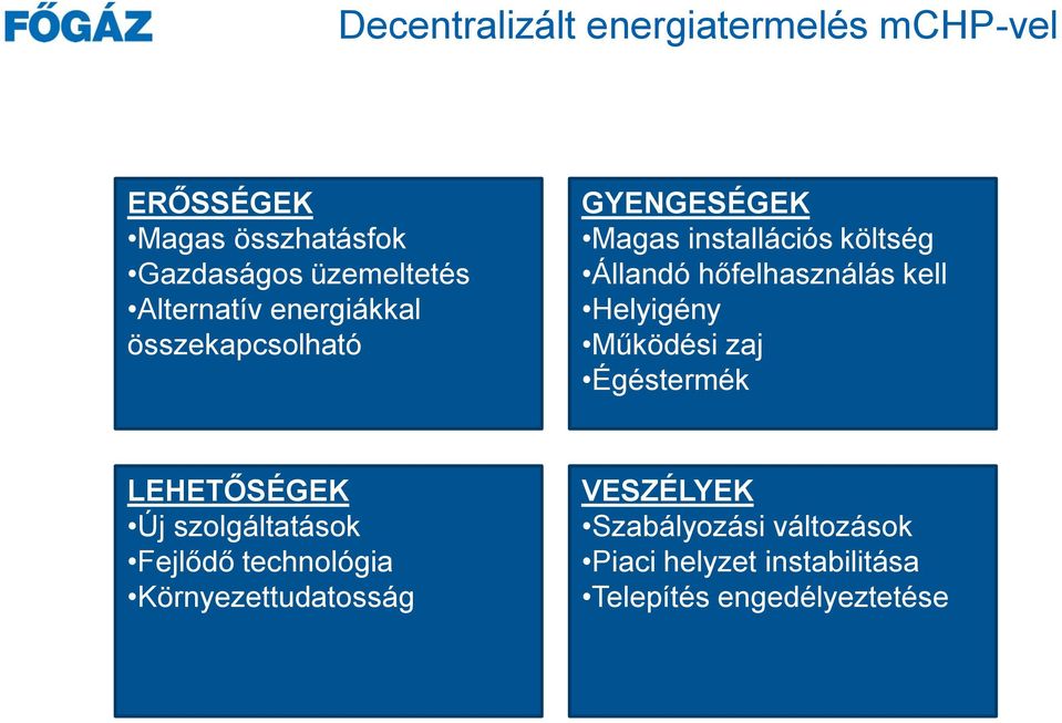 hőfelhasználás kell Helyigény Működési zaj Égéstermék LEHETŐSÉGEK Új szolgáltatások Fejlődő