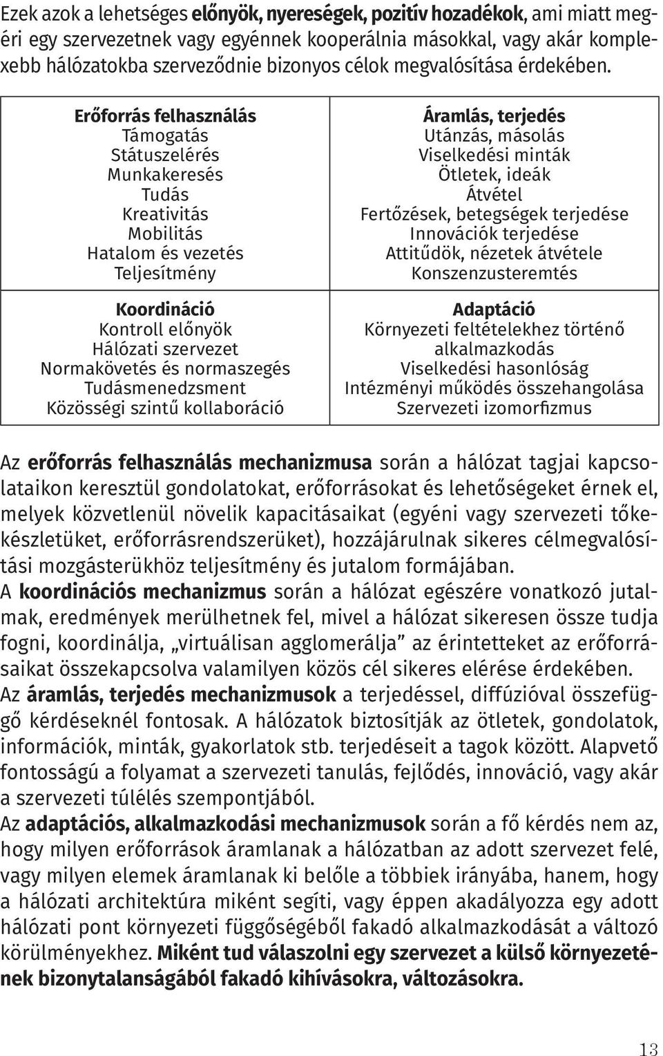 Erőforrás felhasználás Támogatás Státuszelérés Munkakeresés Tudás Kreativitás Mobilitás Hatalom és vezetés Teljesítmény Koordináció Kontroll előnyök Hálózati szervezet Normakövetés és normaszegés