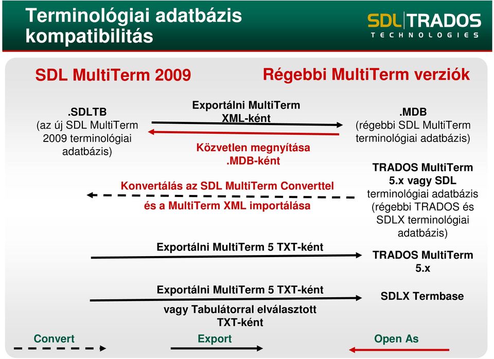 mdb-ként Konvertálás az SDL MultiTerm Converttel és a MultiTerm XML importálása Exportálni MultiTerm 5 TXT-ként.