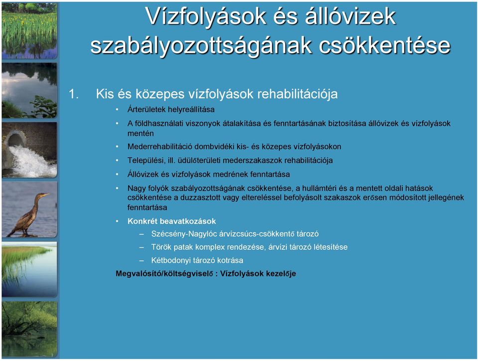 üdülőterületi mederszakaszok rehabilitációja Állóvizek és vízfolyások medrének fenntartása Nagy folyók szabályozottságának csökkentése, a hullámtéri és a mentett oldali hatások