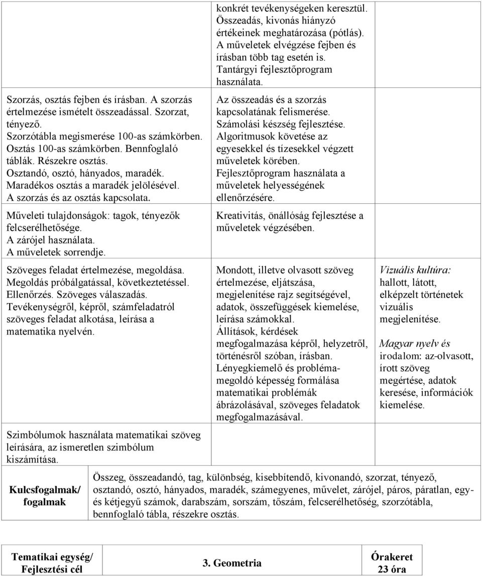 A zárójel használata. A műveletek sorrendje. Szöveges feladat értelmezése, megoldása. Megoldás próbálgatással, következtetéssel. Ellenőrzés. Szöveges válaszadás.