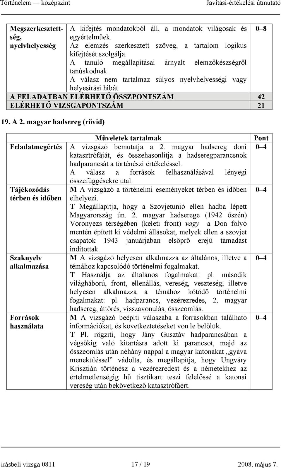 A 2. magyar hadsereg (rövid) 0 8 Feladatmegértés Tájékozódás térben és időben Szaknyelv alkalmazása Források használata Műveletek tartalmak A vizsgázó bemutatja a 2.