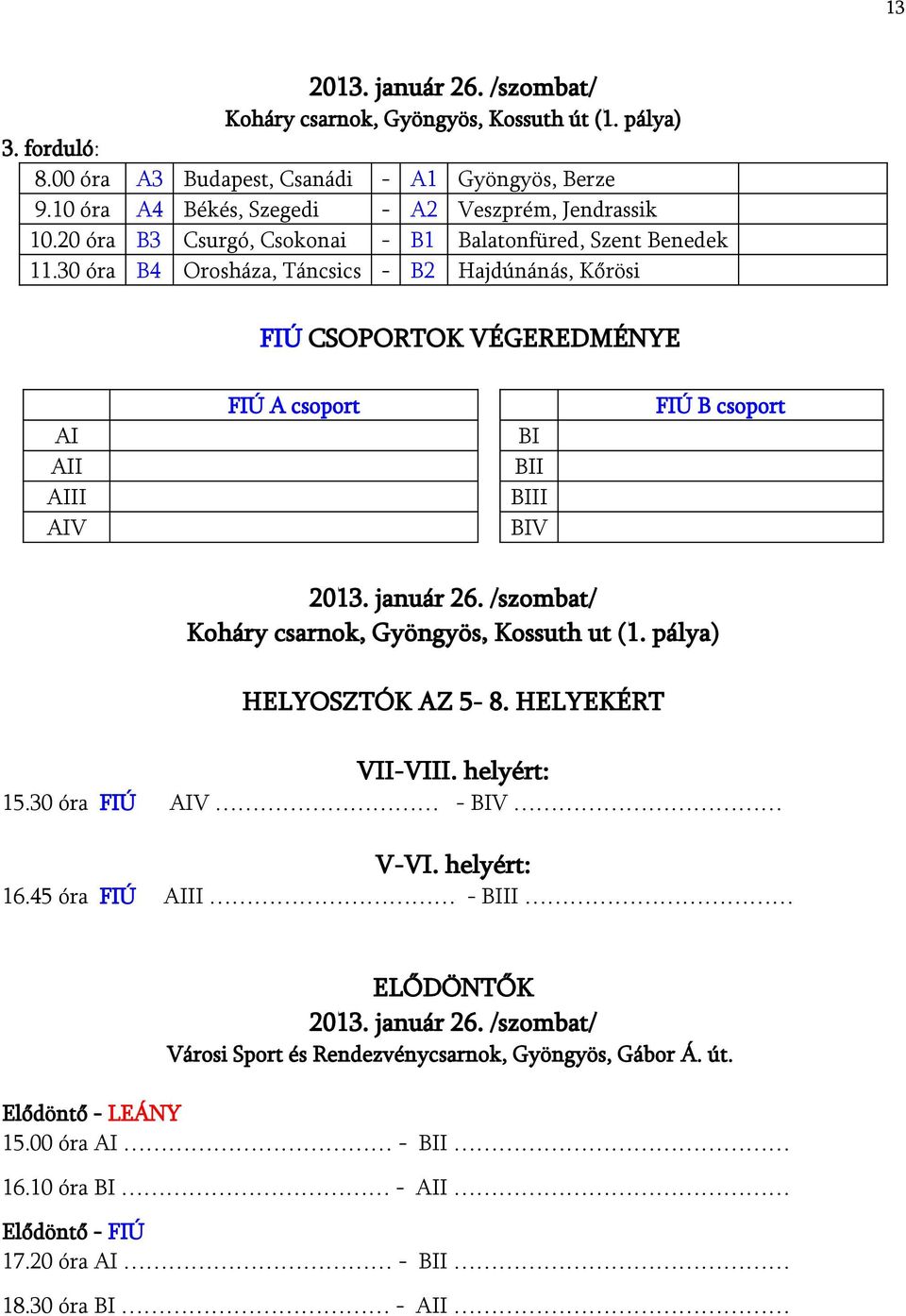 CSOPORTOK VÉGEREDMÉNYE FIÚ A csoport AI AII AIII AIV FIÚ B csoport BI BII BIII BIV 2013. január 26. /szombat/ Koháry csarnok, Gyöngyös, Kossuth ut (1. pálya) HELYOSZTÓK AZ 5-8. HELYEKÉRT VII-VIII.