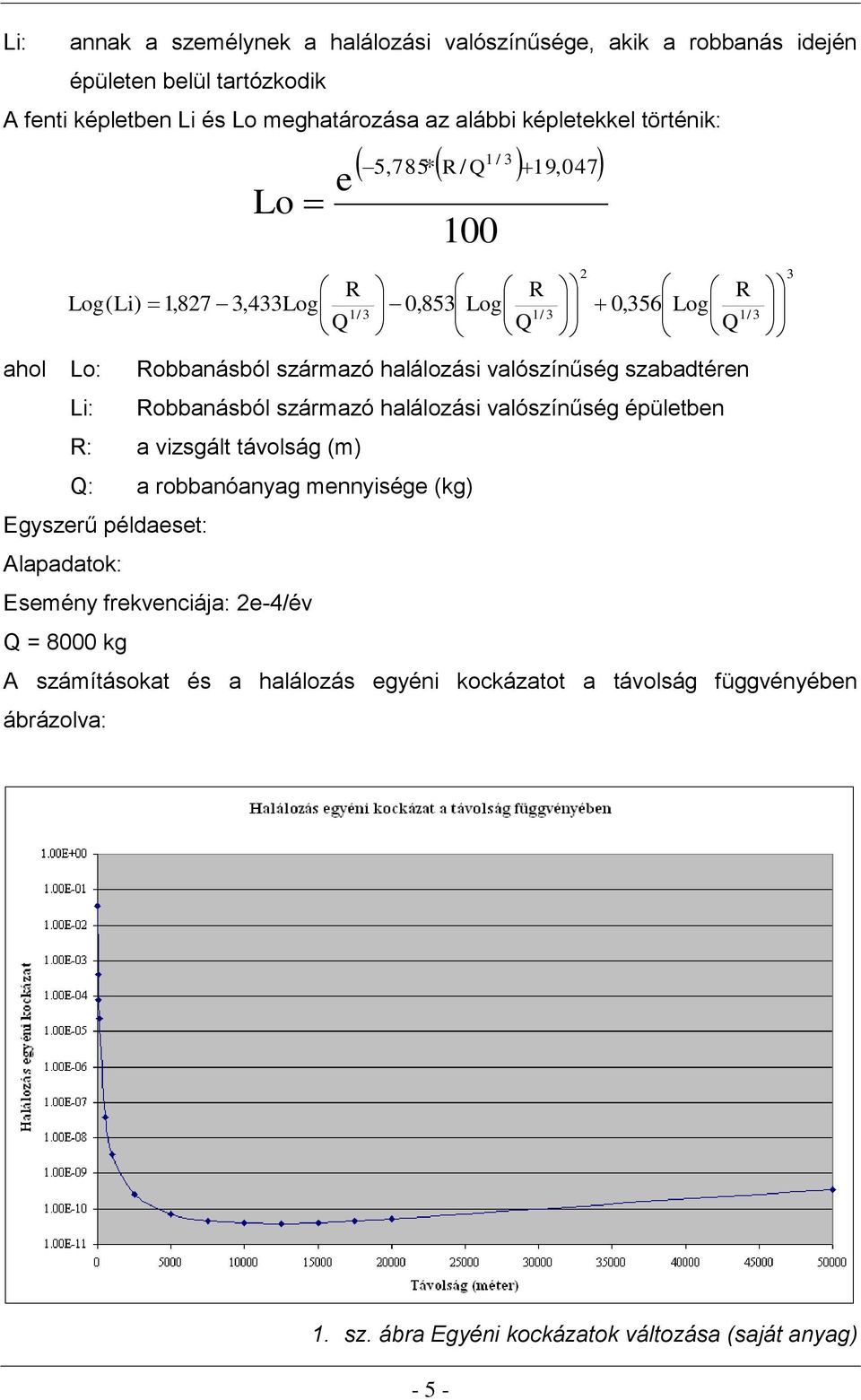 szabadtéren Li: Robbanásból származó halálozási valószínűség épületben R: a vizsgált távolság (m) Q: a robbanóanyag mennyisége (kg) Egyszerű példaeset: Alapadatok: Esemény